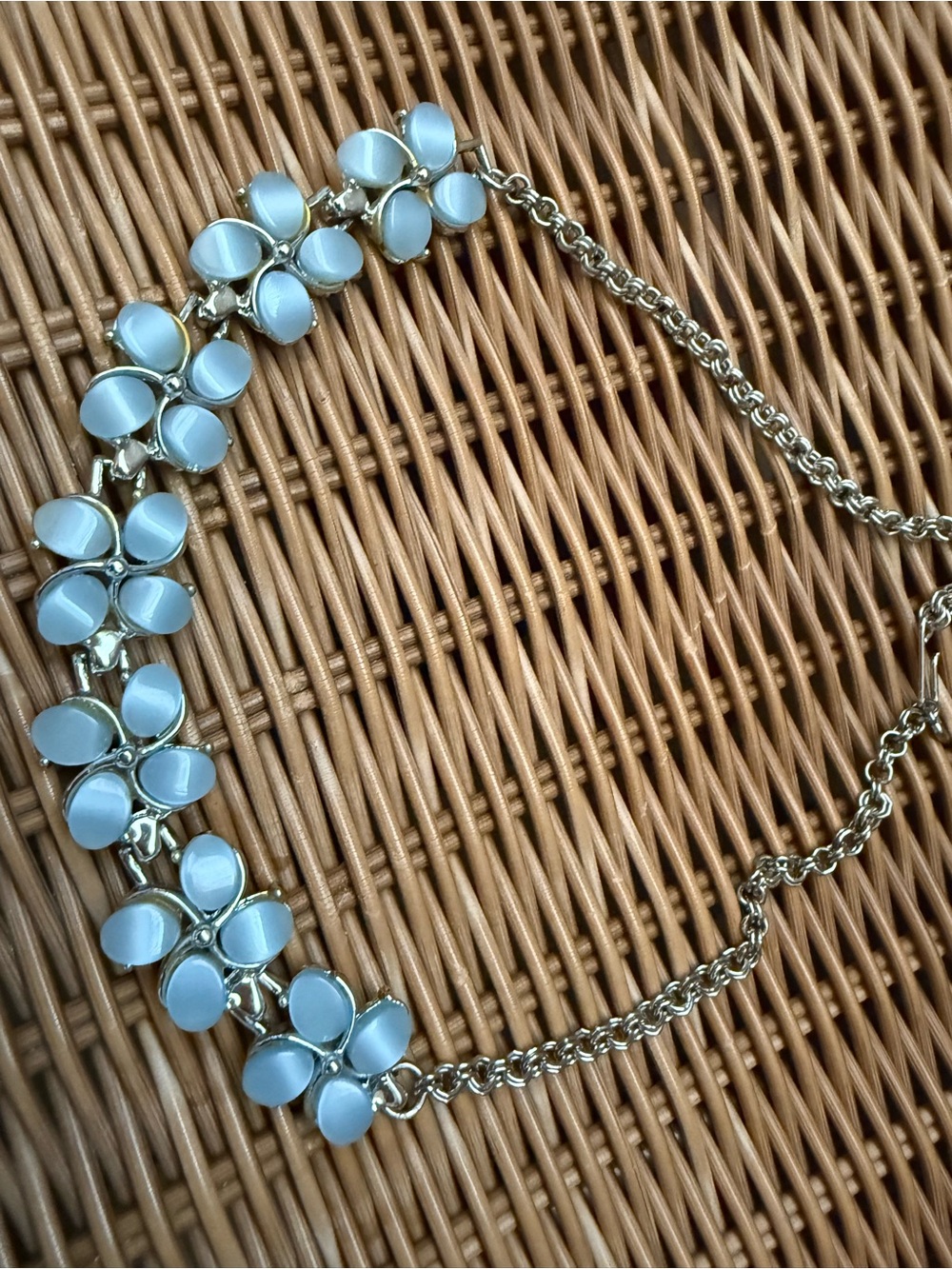 Pale Blue Cat’s Eye Floral Link Necklace Silver Tone
